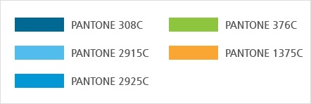 PANTONE 308C, PANTONE 376C, PANTONE 2915C, PANTONE 1375C, PANTONE 2925C